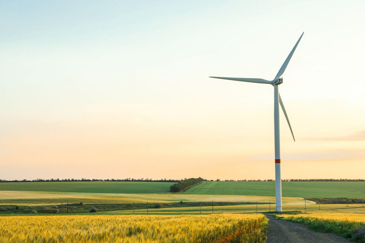 Wind turbine and beautiful fields at sunset, space for text